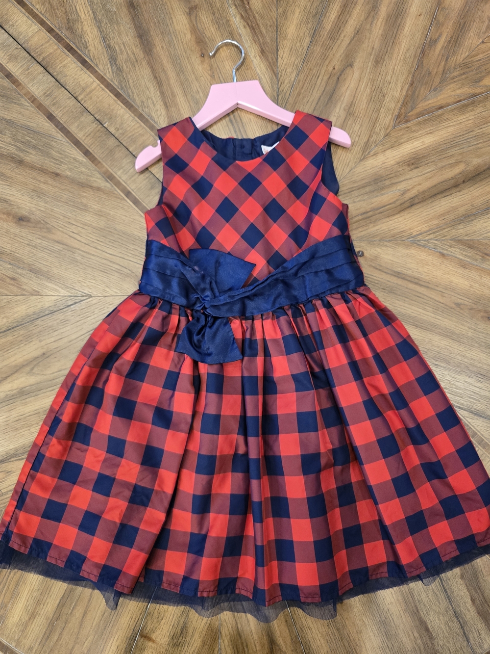Cat & Jack Red and Navy Plaid Sleeveless Holiday Dress with Navy Sash